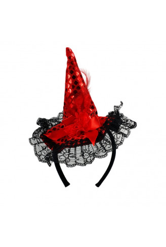 Chapéu de Bruxa Vermelho Luxo com Pena e Renda - Extra Festas